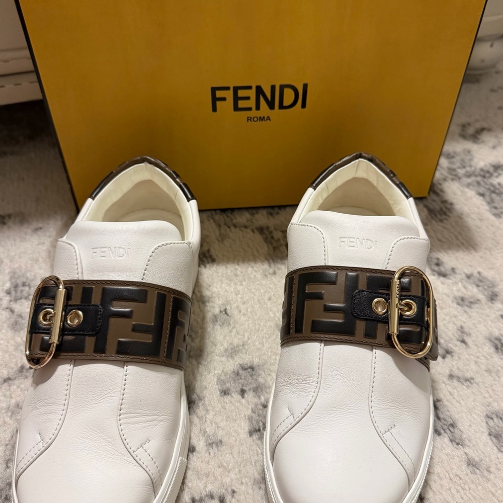 Fendi White Leather Sneakers with Brown FF Logo Buckle Strap